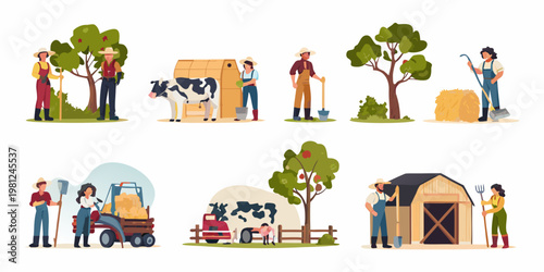 Cartoon illustration depicts various farmers tending to livestock and crops