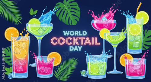 Vibrant cocktails with splashes tropical leaves on dark blue background world cocktail day celebration