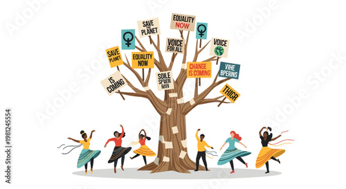 people dancing around tree with colorful signs and symbols