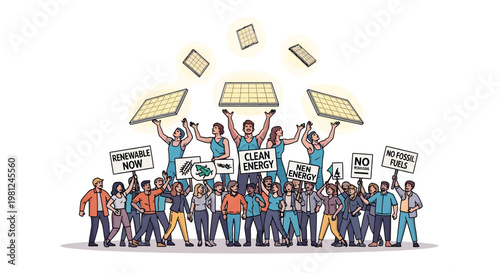 People protesting with solar panels and signs for clean energy