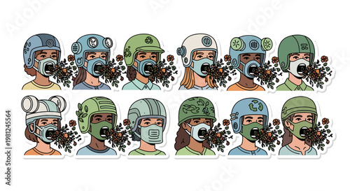 Cartoon people wearing gas masks and helmets with smoke