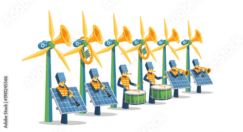 Robot musicians playing drums and wind turbines in a line