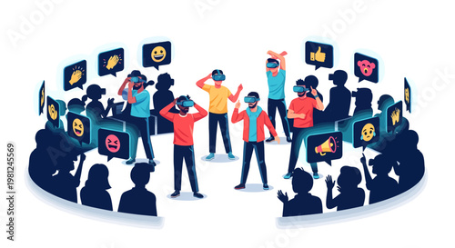 Social media crowd with emoticon faces and protest signs