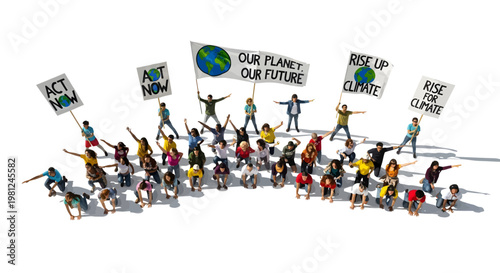 Diverse group of people holding eco friendly protest signs