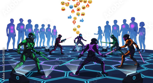 neon lit human figures dancing on glowing floor with crowd