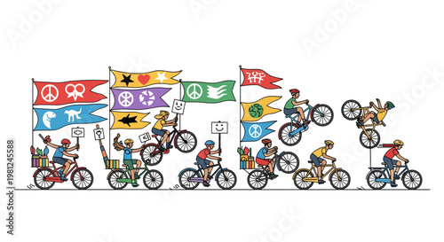 Cyclists riding bicycles with colorful flags, cycling competition, bike racing