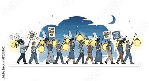 People marching with glowing lanterns at night protesting peacefully