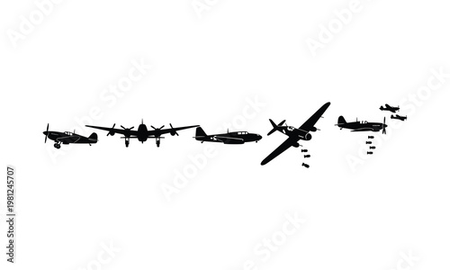 Vintage warplane silhouette vector illustration group showing fighter planes dropping bombs