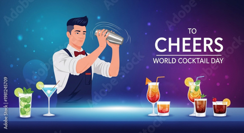 Bartender preparing cocktails on a bar with various drinks and to cheers world cocktail day text