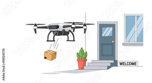 Drone delivering package to front door of house