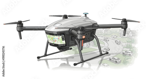 Drone flying over landscape with aerial view map
