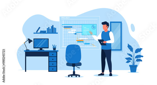 man in office with computer and presentation board