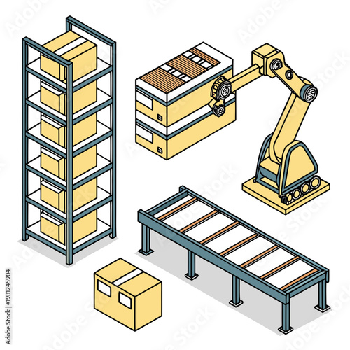 An isometric illustration depicts an automated warehouse system with a robotic arm conveyor belts shelving and cardboard boxes high quality professional detailed