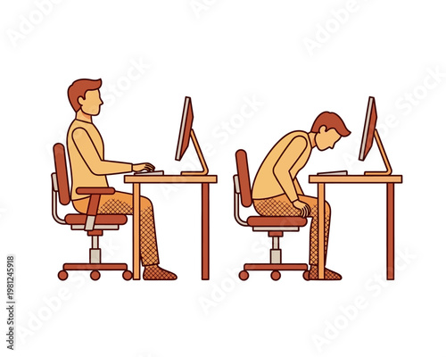 Illustration comparing good and bad sitting posture at a computer desk.