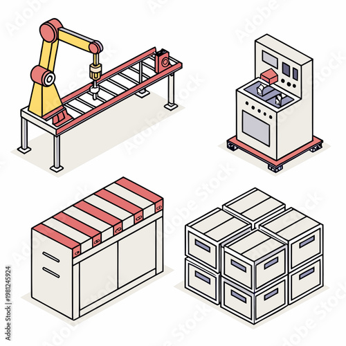 An isometric illustration depicts an automated factory setup showcasing a robotic arm conveyor belts machinery and storage containers high quality professional detailed