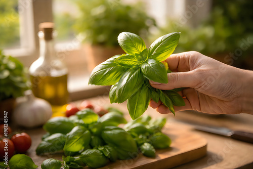 Fresh basil leaves in mortar and glass jar for cooking and seasoning