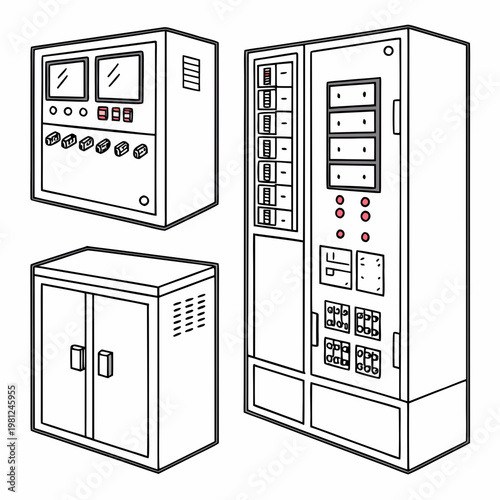 A detailed line drawing showcases three industrial control panels featuring various switches displays and compartments in a schematic style high quality professional