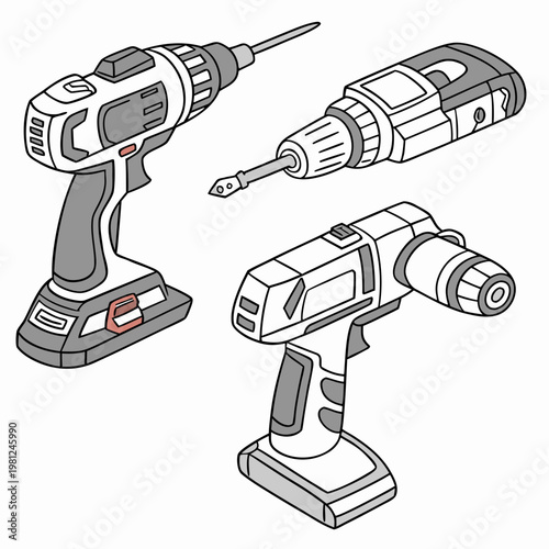 An illustrative depiction showcases three different power tools a drill an impact driver and a cordless screwdriver in a line high quality