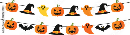 A colorful halloween garland displays jack o lanterns ghosts witches hats and bats on a white background high quality professional detailed