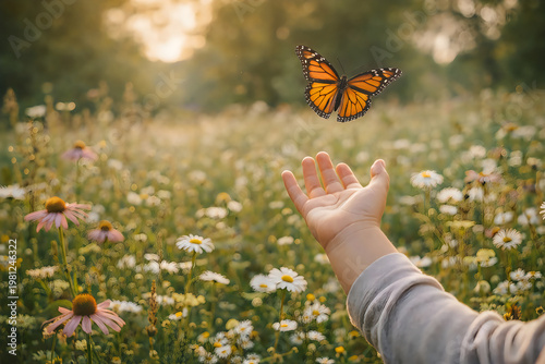 A beautiful orange butterfly with colorful wings rests on a hand in a summer garden, showcasing the macro beauty of wildlife amidst green grass and spring flowers