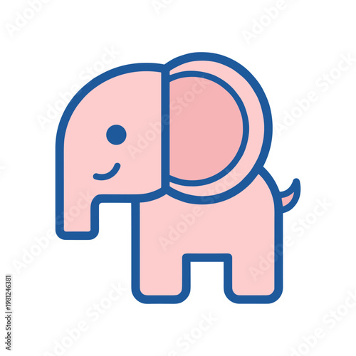 A cute, minimalist pink baby elephant is cheerfully looking forward with a raised trunk.