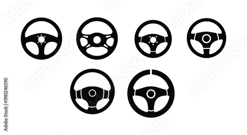 Collection of steering wheel designs in a stark black silhouette