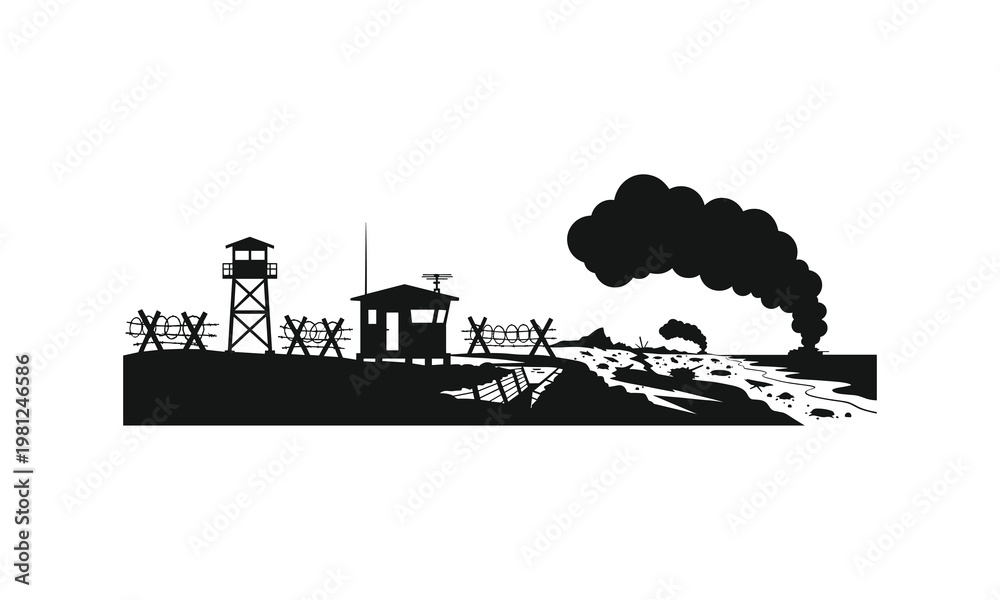 Obraz premium War zone landscape vector silhouette illustration with guard tower and smoke from explosion