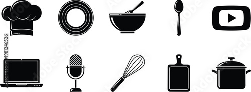A collection of black silhouette icons representing cooking technology and content creation tools high quality professional detailed modern elegant stylish clean
