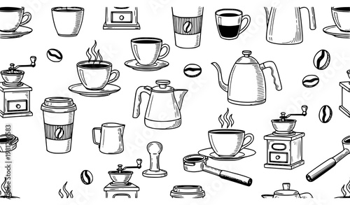 Coffee Doodle Seamless Pattern Cafe Barista Brown Line Vector