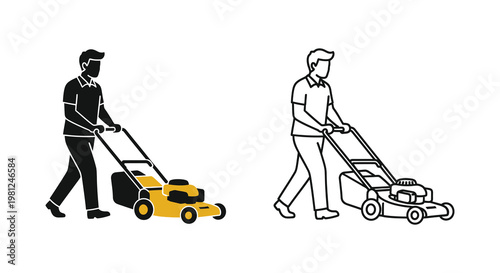 Man mowing lawn depicted in contrasting styles including a silhouette