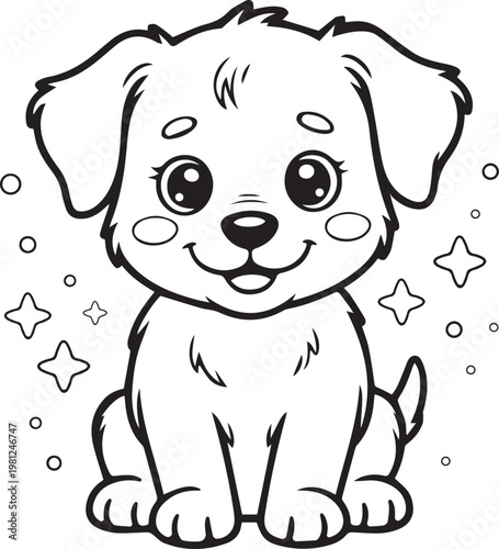 Cute Puppy Cartoon Illustration, Adorable Kawaii Dog Character Line Art.