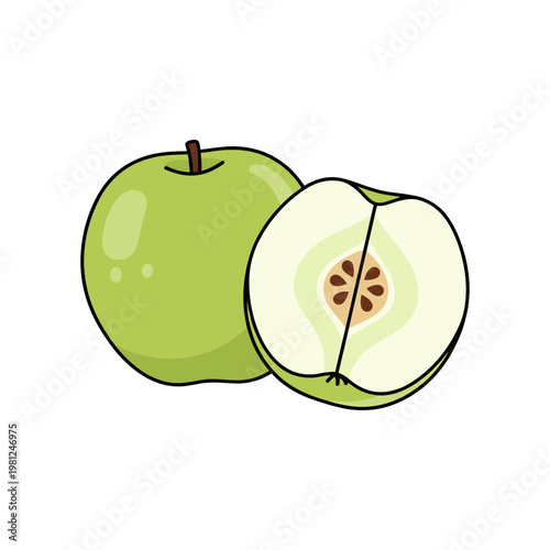 A crisp whole green apple next to a perfectly sliced half showing its seeds.