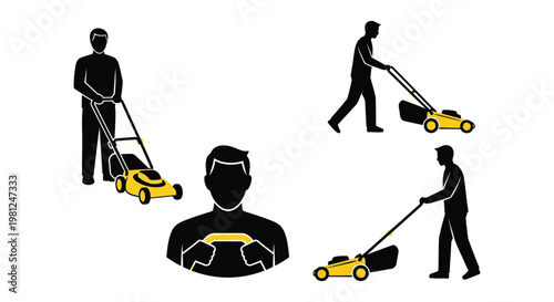 Men mowing lawns with yellow mowers a striking black silhouette