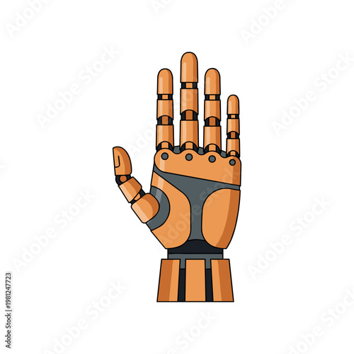 A detailed orange and grey robotic hand icon, featuring articulated fingers and mechanical joints, symbolizing technology.