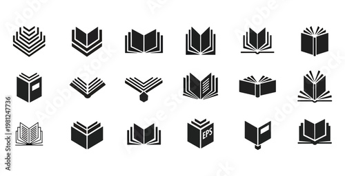 Open book icon set for education logo and library symbol vector illustration in black and white isolated on background for school learning and knowledge concept design element and reading theme art