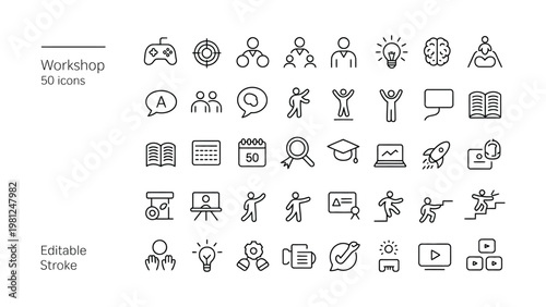 Workshop and training icons set. Thin line editable stroke vector symbols for education, brainstorming, learning,teamwork,  and innovation.

