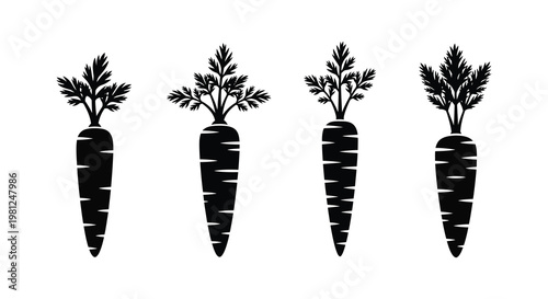 Four black carrot shapes stand against a white background silhouette