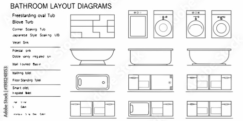 Bathroom layout diagrams showcasing various tub sink and toilet styles