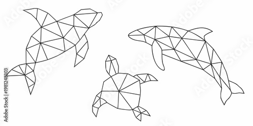 Geometric marine life a dolphin turtle and fish in polygonal design