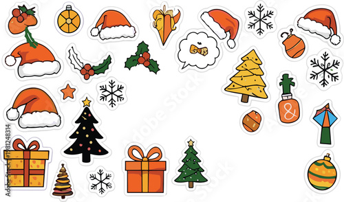 Christmas Sticker Collection with Santa Hats Gifts Snowflakes Trees Ornaments Holiday Elements Cute Hand Drawn Vector Illustration Set Isolated on White Background