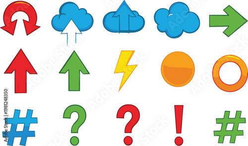 Colorful Arrow Icons and Symbol Collection with Clouds Lightning Signs Punctuation Marks and Directional Elements Flat Vector Illustration Set Isolated on White Background