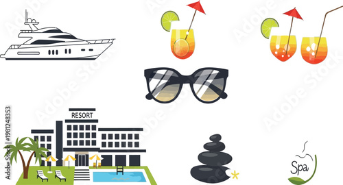 Luxurious vacation amenities and relaxation symbols Vector