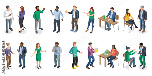Isometric illustration depicting diverse people socializing and interacting in public spaces
