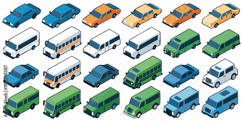 Isometric illustration of various colorful vehicles including cars and buses