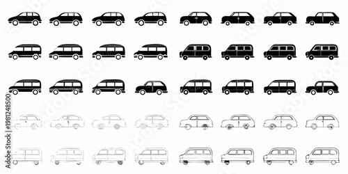 Collection of vintage and modern car silhouettes arranged in neat rows