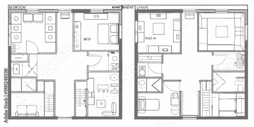 Two apartment layout floor plans showing bedroom kitchen and bathroom arrangements