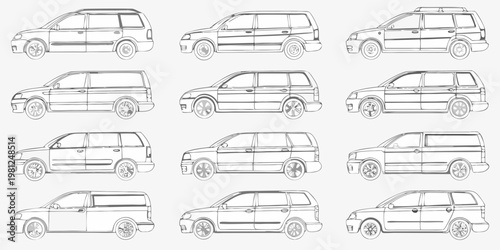 Multiple outlines of similar compact suv vehicles in a grid format