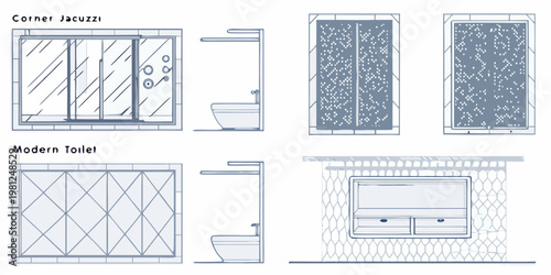 Bathroom fixture designs corner jacuzzi modern toilet and shower layouts