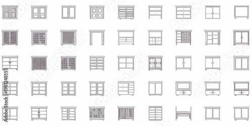 Collection of various gray cabinet fronts arranged on a white background