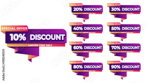 Collection of discount offer labels with percentage discounts, special offers, promotions, shopping, marketing, commerce business advertisement template background collection